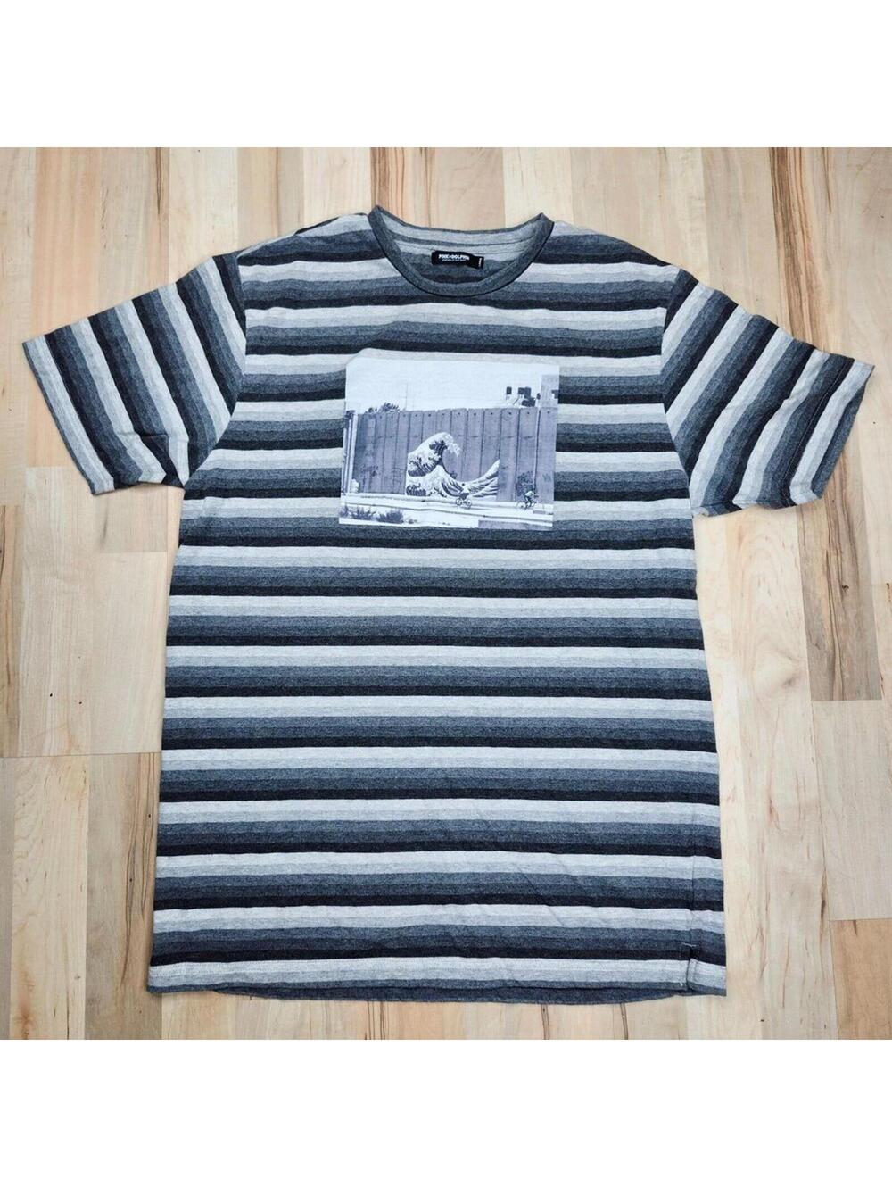 Pink Dolphin Black Gray White Striped Short Sleeve Tee Shirt Size Large